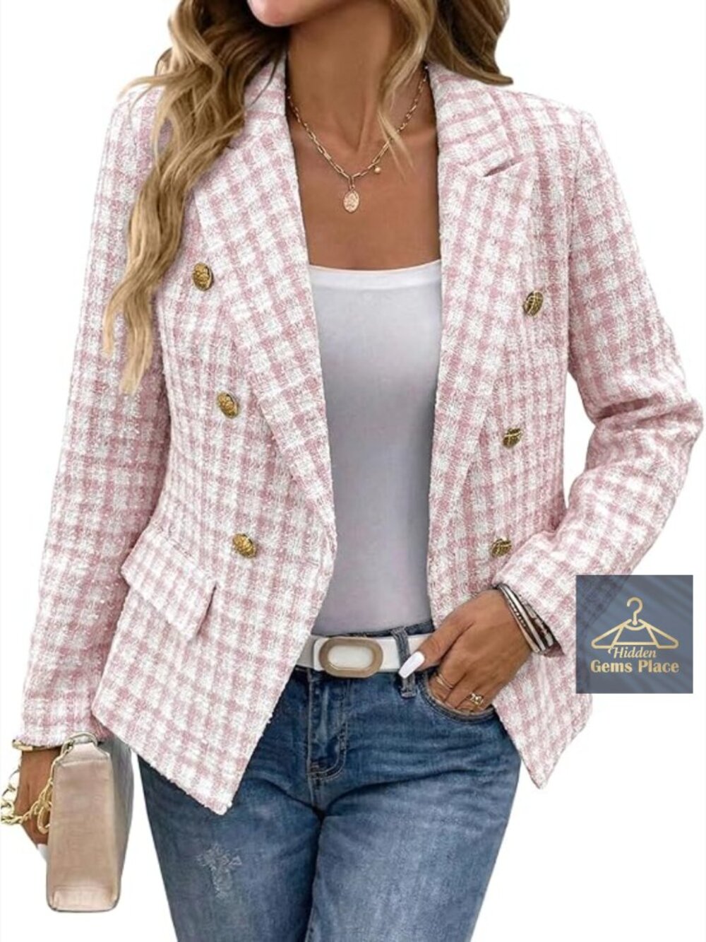 Tweed Plaid Double-Breasted Blazer Jacket - Fully Lined Slim Fit Work Blazer